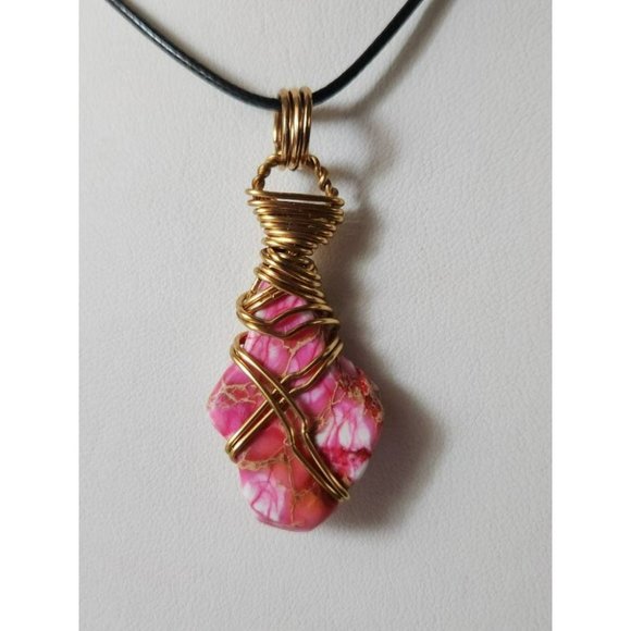 Artisan Wire Wrapped Gold Necklace with Pink Stone on Black Cord w/ Lobster Claw - Picture 2 of 3